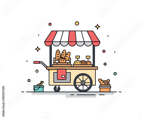 Tiny bakery cart scene charming street cart offering bread and pastries placed at a quiet corner of the street with a welcoming market feel. Minimalist flat