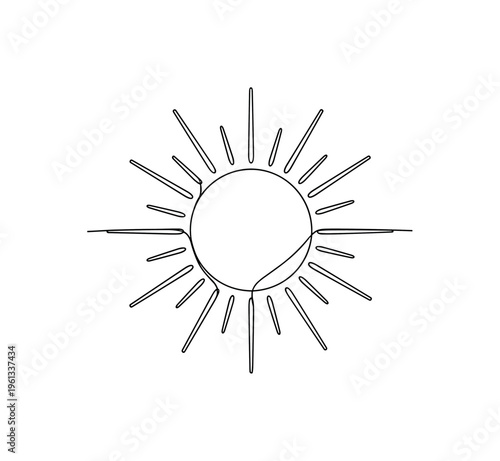 Radiance Outline. Minimalistic one-line drawing circular radiant shape with gentle rays extending outward symbolizing glowing light, continuous single black