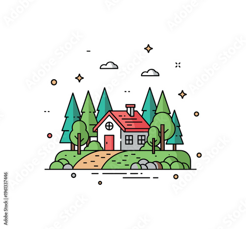 Forest cottage retreat miniature cottage surrounded by trees in a peaceful forest clearing creating a cozy woodland moment. Minimalist flat vector