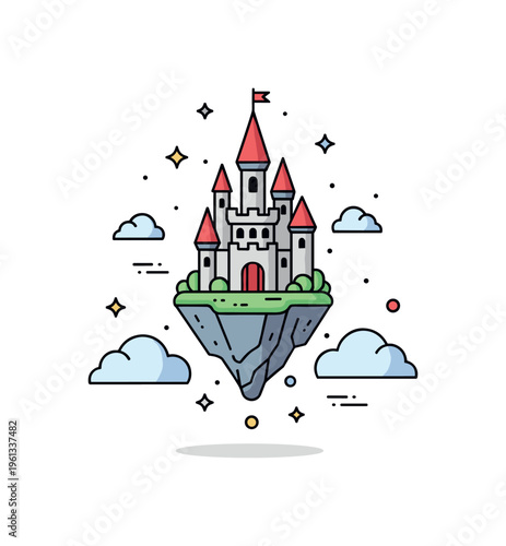 Fantasy castle floating island tiny castle with pointed towers resting on a floating patch of land with clouds surrounding the magical scene. Minimalist flat