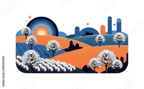 apple orchard spring landscape with layered circles cylinders and geometric shapes, black and white apple trees blooming across countryside hills with collage