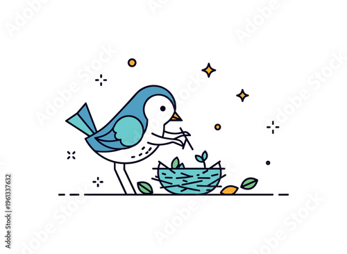 Playful bird nest building tiny bird carefully constructing a small nest with natural materials while perched gently. Minimalist flat vector illustration,