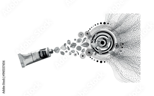 tube of paint releasing flower petals, concentric circles abstract lines and geometric dots expanding outward, black and white vintage paint tube squeezing