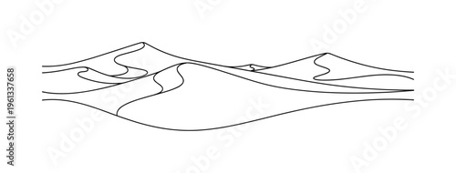 Wind Shaped Dunes. Minimalistic one-line drawing gentle curving dune ridges forming elegant desert background, continuous single black line on white