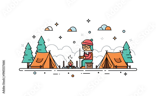 Mini camper nature moment adorable camper in a forest clearing with tents, a campfire, and subtle decorative elements for a cozy outdoor