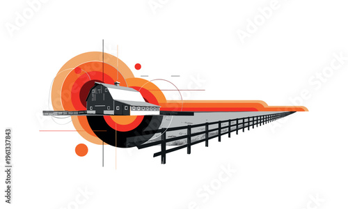 countryside barn and fence with geometric circles abstract shapes and lines, black and white barn with long wooden farm fence stretching across fields with