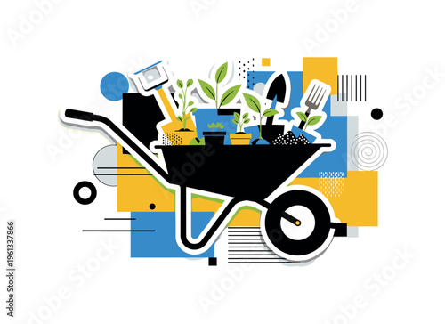 wheelbarrow spring garden scene with abstract geometric blocks circles and lines, black and white wheelbarrow filled with seedlings and tools with white
