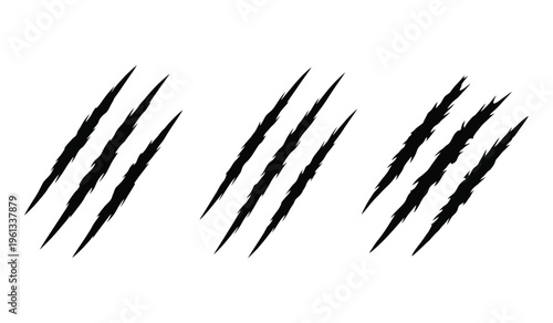 A silhouette of three sets of sharp parallel diagonal claw marks or scratches on a plain white background resembling a silhouette