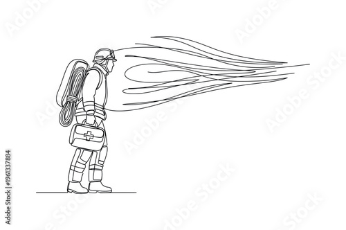 Severe Weather Rescue. Minimalistic one-line drawing emergency responder standing firmly against wind while carrying rescue gear, continuous single black line