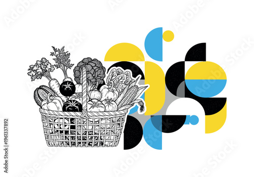 garden vegetable basket arrangement with abstract semicircles circles and graphic blocks, black and white rustic basket overflowing with mixed vegetables with