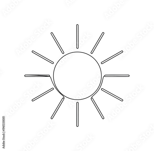 Sun as Symbol. Minimalistic one-line drawing radiant sun circle with simple rays forming a symbolic cosmic center, continuous single black line on white