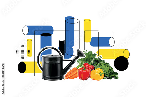 watering can garden harvest moment with abstract cylinders circles and graphic blocks, black and white watering can beside freshly harvested vegetables with