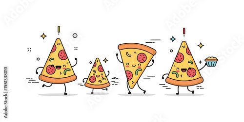 Pizza party slice characters playful pizza slice mascots dancing happily with tiny motion lines suggesting movement. Minimalist flat vector illustration,