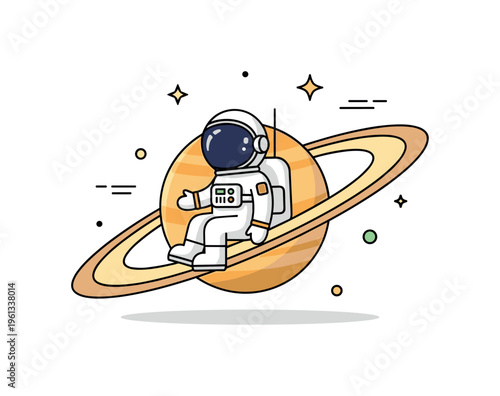 Saturn ring astronaut illustration playful astronaut sitting on Saturn?s rings forming a cheerful space themed icon scene. Minimalist flat vector illustration,