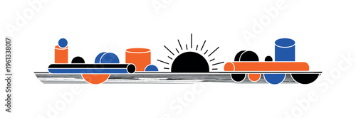 spring beach sunrise horizon with layered circles cylinders and geometric shapes, black and white sun rising over calm ocean beach with collage cut-out white