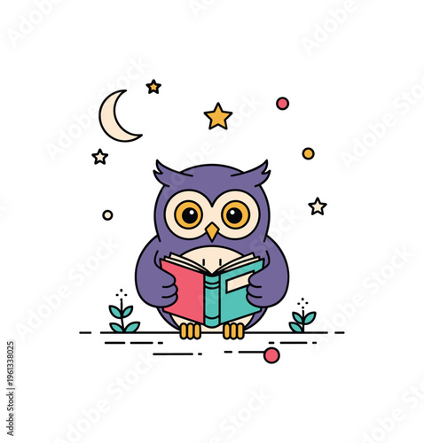 Night owl reading book cute little owl perched comfortably while reading a small book under a calm starry night. Minimalist flat vector illustration, compact