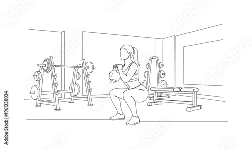 Modern Gym Kettlebell Training. Minimalistic one-line drawing woman performing kettlebell squat exercise in a gym scene, continuous single black line on white