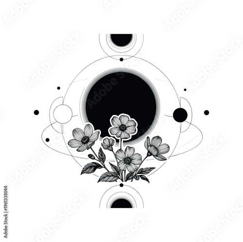 sun rising over blooming flowers, geometric circles semicircles and thin orbital lines structuring celestial harmony, black and white sun disc above spring