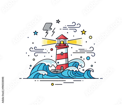 Mini stormy lighthouse scene playful tiny lighthouse surrounded by tumultuous waves and gusty wind creating a dramatic seascape. Minimalist flat vector