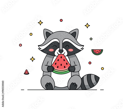 Raccoon enjoying watermelon sweet raccoon happily munching on a watermelon slice creating a playful fruit themed scene. Minimalist flat vector illustration,