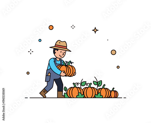 Mini farmer harvesting pumpkins tiny farmer happily gathering round pumpkins from a small pumpkin patch creating a warm autumn harvest scene. Minimalist flat