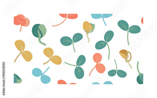 seed sprouts seamless pattern, repeating pattern, surface design, textile print, soft color palette, modern illustration, flat vector tiny seedlings emerging