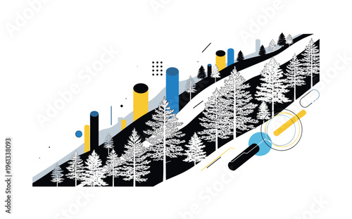 pine forest mountain slope with abstract cylinders circles and graphic blocks, black and white pine trees growing on steep mountain hillside with white outline