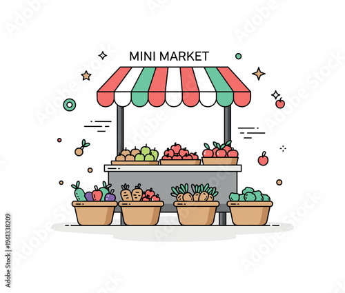 Mini market display scene cute little stand with baskets of fruits and vegetables under a small striped awning for a playful farmer market illustration.