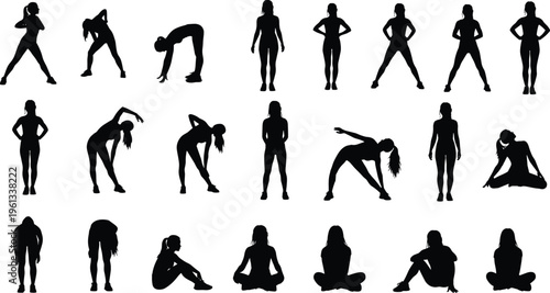 Black woman fitness silhouette collection with various yoga stretching and workout poses for wellness branding gym posters healthy lifestyle and athlete vector illustrations