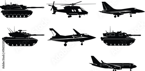 Set of military vehicle silhouettes including tanks, fighter jets, helicopter and aircraft, army equipment vector collection isolated on white background for defense design