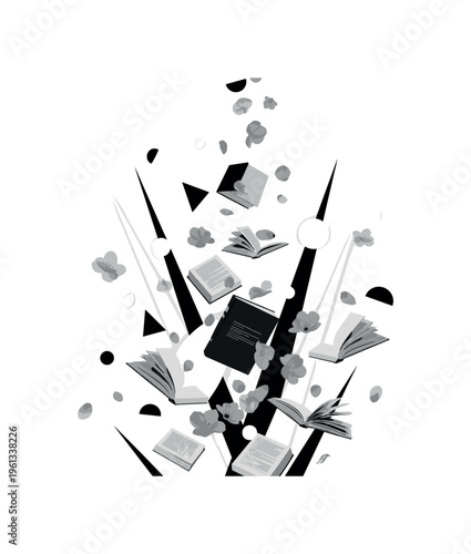 floating books drifting with petals, scattered circles diagonal lines and geometric fragments emphasizing airy motion, black and white books floating through