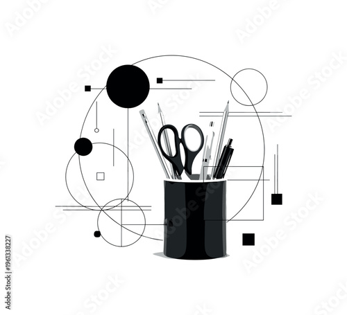 pencil cup with stationery tools, geometric blocks circles and thin lines balancing simple office still life, black and white cup holding pencils scissors and