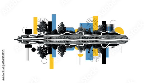 river shoreline landscape with abstract geometric blocks circles and lines, black and white riverbank with trees and grass reflecting in water with white