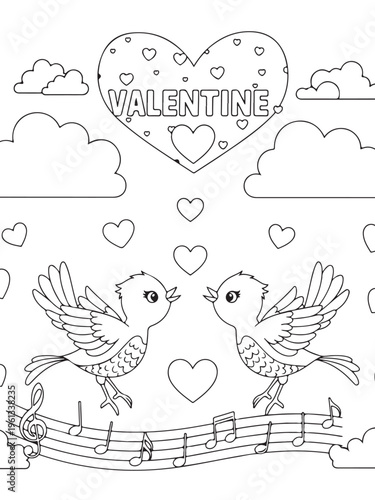 Valentine lovebirds with heart clouds and musical notes coloring pages