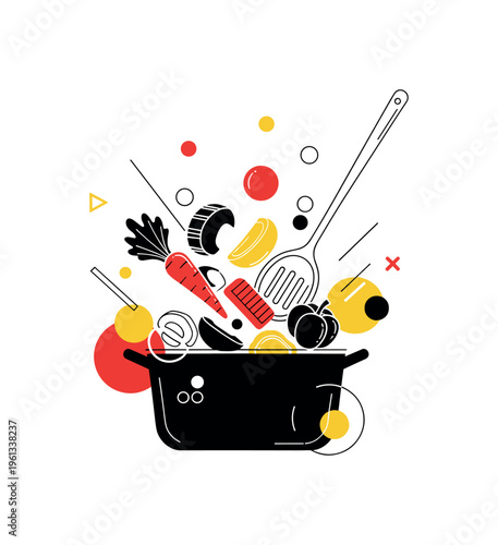 wooden spoon vegetable stir with floating circles abstract shapes and lines, black and white vegetables being stirred with a wooden spoon in a cooking pot with