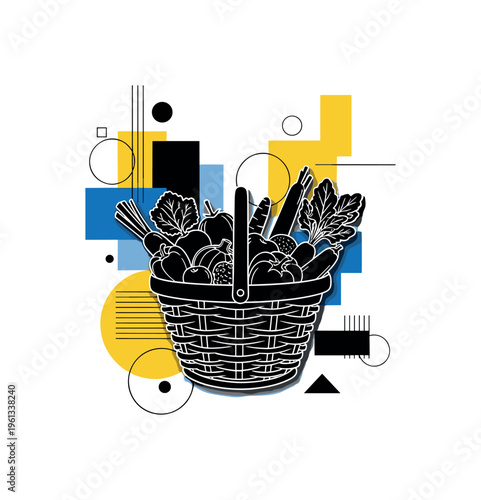 organic harvest basket scene with abstract geometric blocks circles and lines, black and white basket filled with mixed organic vegetables and fruits with