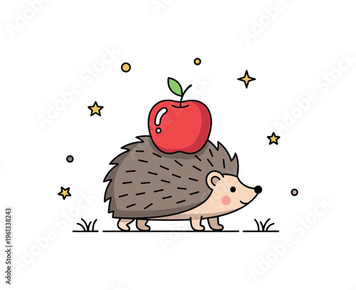 Little hedgehog apple carry charming hedgehog balancing a shiny apple on its back while happily walking along. Minimalist flat vector illustration, compact