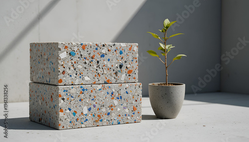 A small potted plant sits beside two blocks of terrazzo on a gray surface