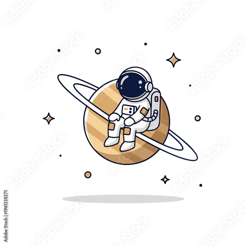 Mini astronaut floating scene playful astronaut tethered to colorful balloons gently drifting in a whimsical starry sky. Minimalist flat vector illustration,