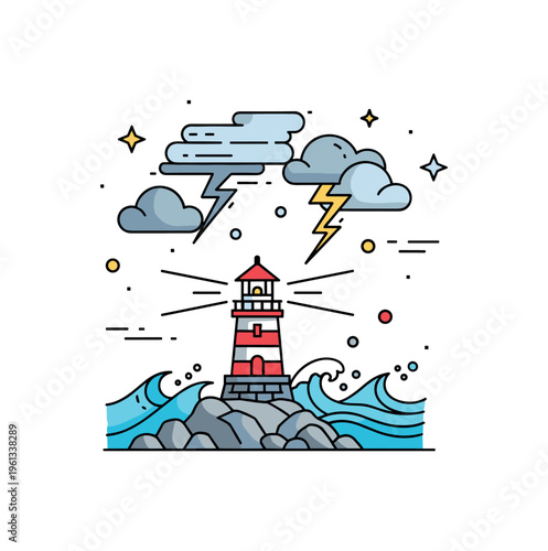 Storm lighthouse tiny lighthouse on a rocky shore with choppy waves and storm clouds swirling above creating a dynamic maritime scene. Minimalist flat vector