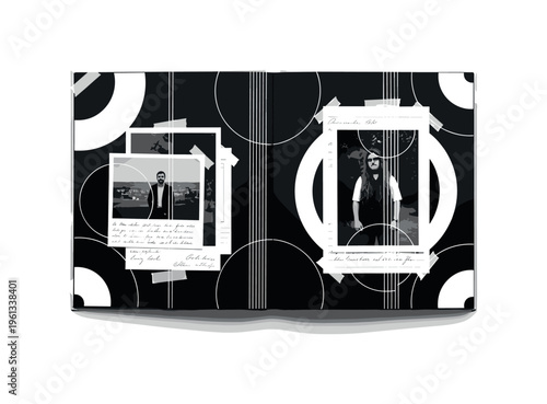 open scrapbook album with layered photos and notes, geometric circles semicircles and thin vertical lines structuring nostalgic composition, black and white