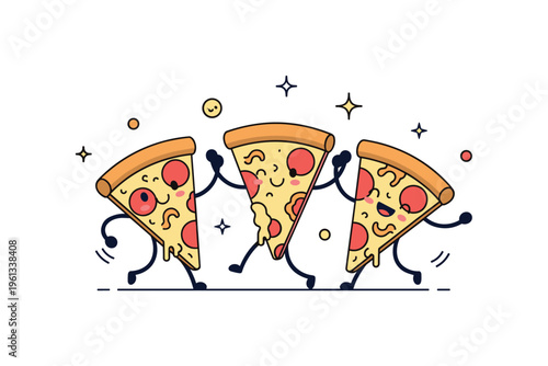 Playful dancing pizza slices cheerful pizza slice characters with smiling faces dancing together creating a lively snack themed illustration. Minimalist flat
