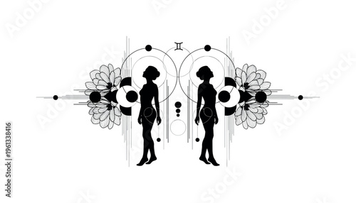 gemini twin silhouettes with flowers, circular halos thin vertical lines and abstract shapes creating balanced duality, black and white twin figures surrounded