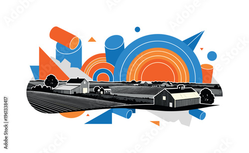 spring farm sunrise landscape with layered circles cylinders and geometric shapes, black and white rural farm houses and fields under rising sun with collage