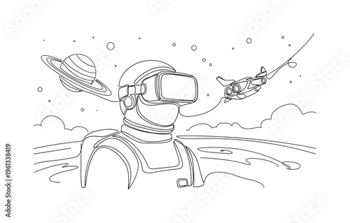 VR Orbital Simulation. Minimalistic one-line drawing astronaut trainee with VR headset exploring space environment with planet and spacecraft outlines,