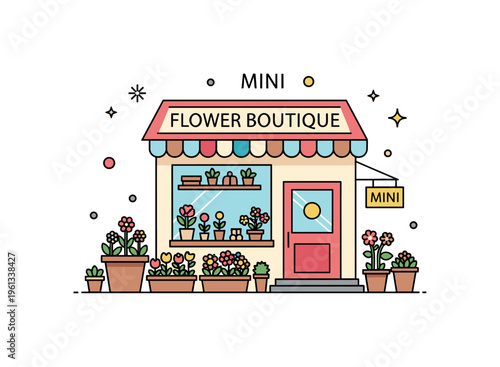 Mini flower boutique storefront tiny floral shop with colorful blossoms displayed outside creating a cheerful garden themed shop scene. Minimalist flat vector