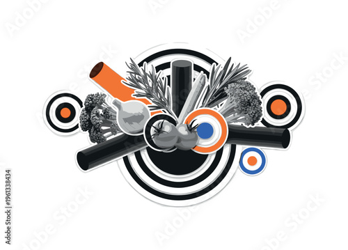 organic garden produce composition with layered circles cylinders and geometric shapes, black and white fresh organic vegetables and herbs arranged in a modern