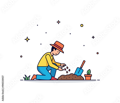 Gardener planting seeds scene tiny gardener kneeling beside a small soil patch while carefully placing seeds into the ground. Minimalist flat vector