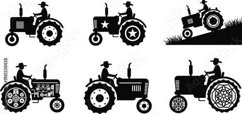Set of vintage tractor silhouettes with farmer driver, agricultural machinery icons in different styles, farming equipment vector collection isolated on white background