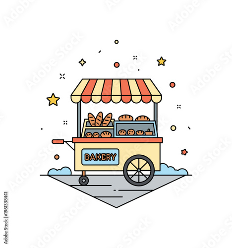 Small bakery cart on a street corner charming little bakery cart parked at a cozy street corner displaying fresh bread and pastries under a striped canopy